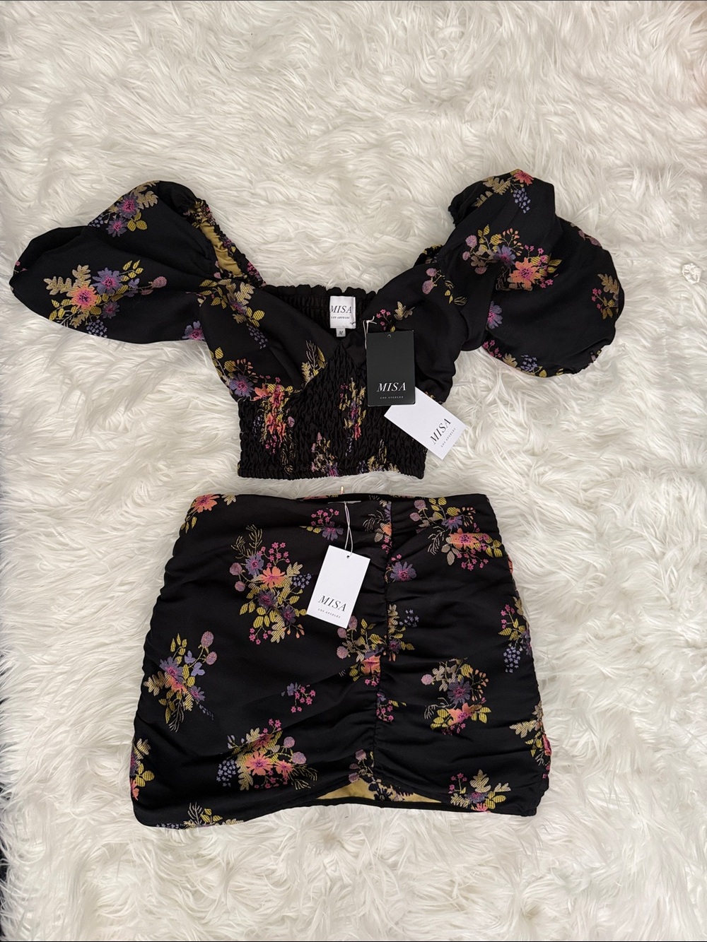 Misa Los Angeles Black Floral Ruched Mini Skirt and Cropped Top